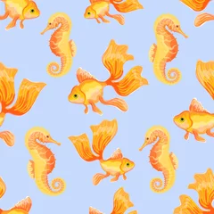 Behang Goudvis Goudvis en Zeepaardje. Naadloze patroon met de afbeelding van vis. Imitatie van aquarel. Geïsoleerde illustratie.