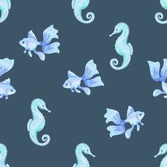 Goldfish and Sea Horse. Seamless pattern with the image of fish. Imitation of watercolor. Isolated illustration.