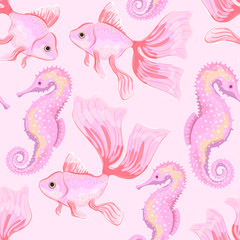 Fototapeta premium Goldfish and Sea Horse. Seamless pattern with the image of fish. Imitation of watercolor. Isolated illustration.
