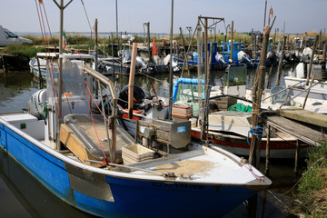 Mesola (FE),  Italy - April 30, 2017: Fish boats on Po river near Mesola, Delta Regional Park, Emilia Romagna, Italy