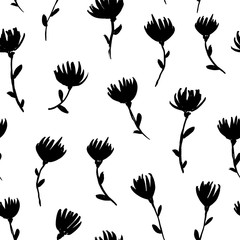 Obraz premium Floral vector seamless pattern with daisies. Hand drawn grunge pattern with silhouette flowers.