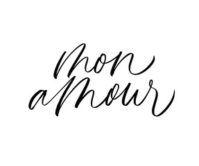 Mon amour black ink vector lettering. Elegant handwritten French phrase isolated on white background.
