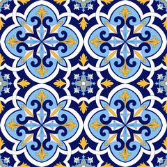 Spanish tile pattern vector seamless with floral motifs. Sicily italian majolica, portuguese azulejos, mexican talavera, venetian ceramic. Vintage background for kitchen wall or bathroom floor. - 332355088