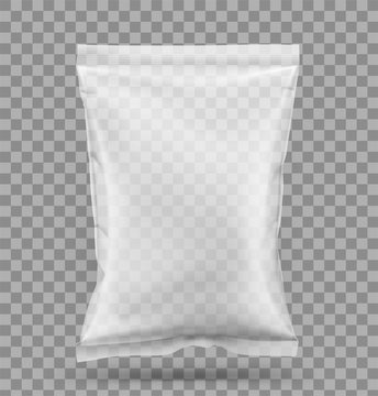 Transparent food snack pillow bag. Vector illustration on transparent background. Packaging mockup ready for your design. Can be use for schips, snack, coffee, tea, salt, flour and etc. EPS10.