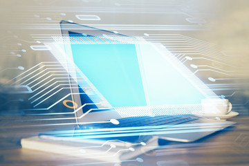 Double exposure of computer and technology theme drawing. Concept of innovation.