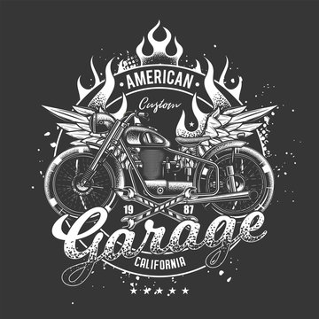 Original monochrome vector emblem in vintage style. American custom motorcycle, with wings and fire on the background.