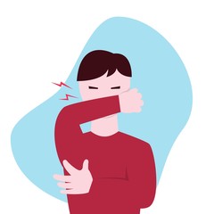 Coughing guy with eyes closed and covers his mouth with his hand. Flat vector illustration.