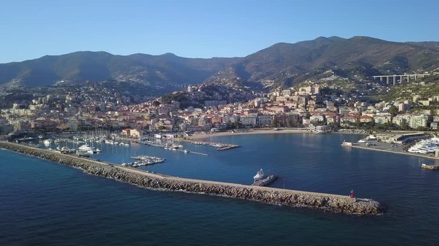Sanremo (or San Remo), Liguria, Italy is a city on the Mediterranean coast of Liguria, in northwestern Italy. This clip is part of a series of drone shots made above this beautiful Italian village.