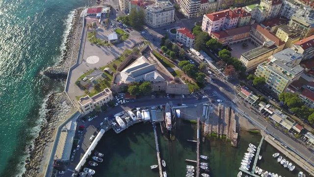 Sanremo (or San Remo), Liguria, Italy is a city on the Mediterranean coast of Liguria, in northwestern Italy. This clip is part of a series of drone shots made above this beautiful Italian village.