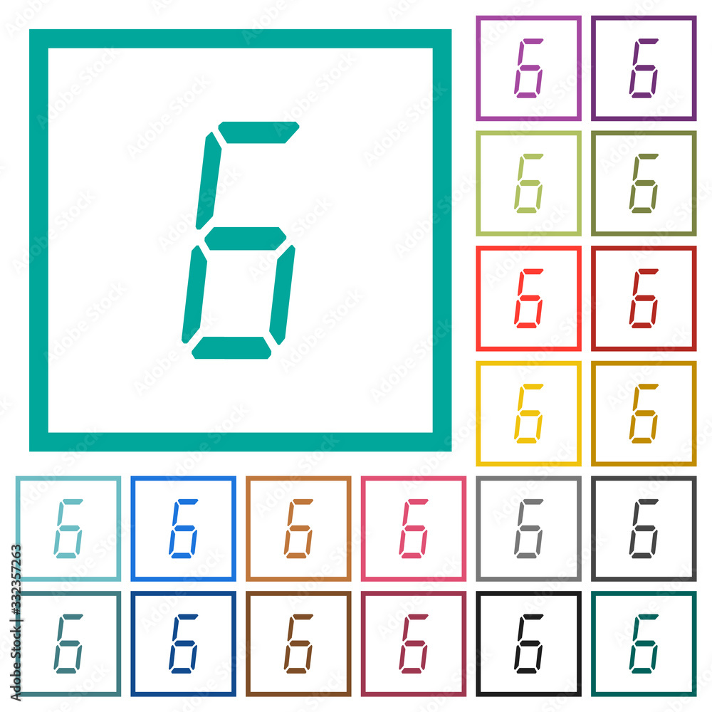 Poster digital number six of seven segment type flat color icons with quadrant frames