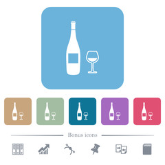 Wine bottle and glass flat icons on color rounded square backgrounds