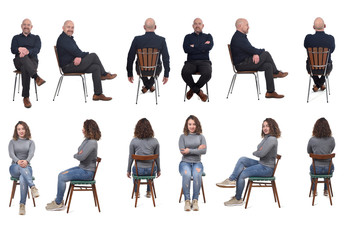 collage of a couple sitting on a chair in white background, front,profile and back view