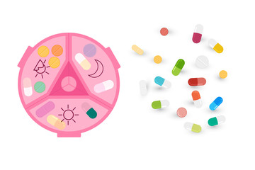 Daily Pill Organizer 3 Times a Day. Medical Concept, Illustration of Pharmacy Bag with Pill Container