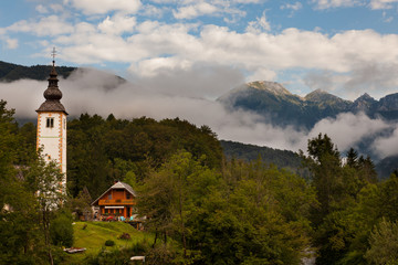 Bell tower of St John the Baptist church in Bohinj