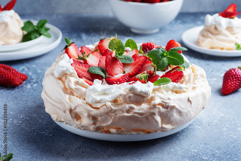 Poster cake pavlova with meringue, strawberry and cream