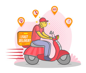 Fast delivery by scooter. Funny doodle Courier on the moto scooter delivers pharmaceuticals food flowers documents.