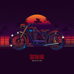 Fototapeta na wymiar Original vector illustration in neon style. American motorcycle custom made on the beach against the background of the sea, palm trees and sunset.