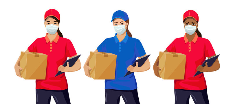 Set of young delivery women wearing face mask. Delivery service worker while quarantine and pandemic time. Asian, European, African American couriers. Vector illustration isolated on white background.