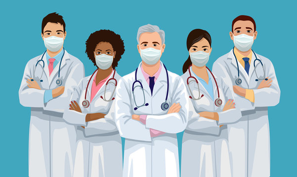 Medical team is wearing face masks and standing crossed arms. Group of confident doctors are ready to virus pandemic. Isolated vector illustration.