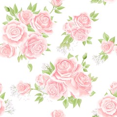 Seamless pattern with cream pink roses. Vintage floral background