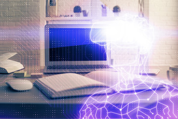 Computer on desktop with AR theme icon. Multi exposure. Concept of augmented reality.