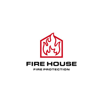Illustration of a house sign with a large fire flame logo design.
