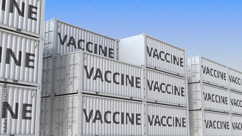 Poster containers with a vaccine. loopable 3d animation