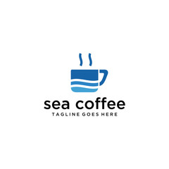 Creative Coffee with sea water logo design Vector sign illustration template