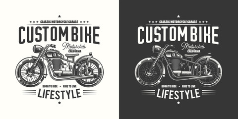 T-shirt or poster design with an illustration of an old motorcycle. Design with text composition on light and dark background.