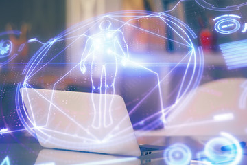 Desktop computer background and education theme drawing. Double exposure. Study concept.