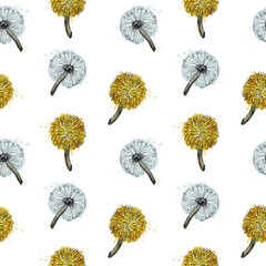 Series watercolor and ink: white and yellow dandelion flowers. Seamless pattern.