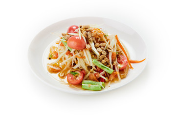 Spicy papaya salad northeast Thai food on white