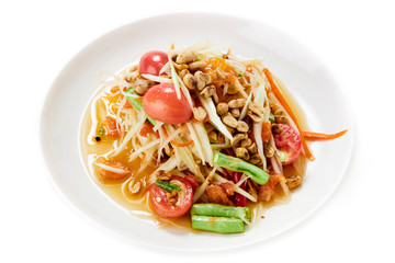 Spicy papaya salad northeast Thai food on white