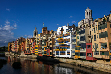 View of the coloured houses on the river, Girona, Spain