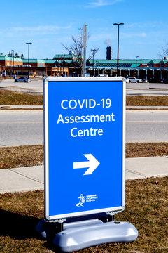 Markham, Ontario, Canada- March 21, 2020: An Sign Showing Direction Of COVID-19 Assessment Centre In Markham Stouffville Hospital In Markham, Ontario, Canada.  