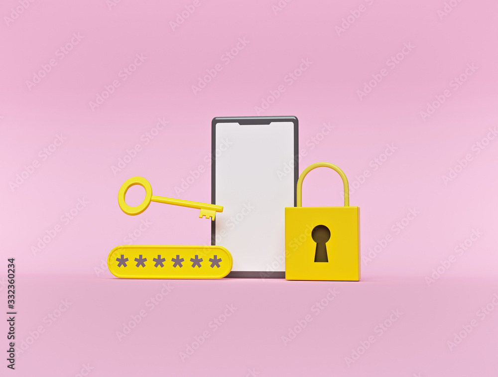 Poster smartphone password and data protection concept, minimal style. 3d rendering