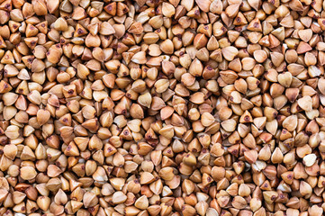 Buckwheat groats closeup. Diet concept. Abstract background.