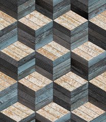 Seamless vintage wooden floor with cube pattern. Weathered wooden boards texture.