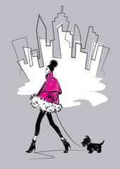 Fashion woman in sketch style on gray background. New York street fashion.