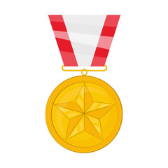 Gold medal with red ribbon for first place. Sports award medal. Badge of winner. Victory in competitions. Vector.