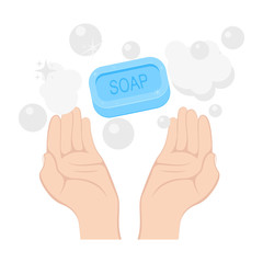 Obraz premium Wash your hands. Arm in foam soap bubbles. Disinfection concept. Personal hygiene. Antibacterial washing. Vector.