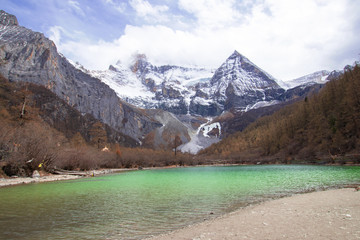 Yading National park, Daocheng,China. Nature landscape. Mountain landscape, Snow mountain, lake in the summer morning.