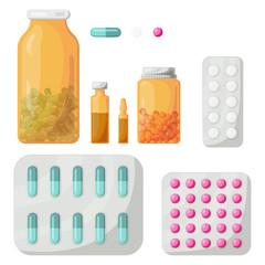 Collection of pharmacy drug in bottle and box. Medicine pill. Medication, pharmaceutics. Hospital set of drugs. Vector illustration.