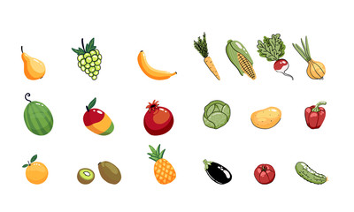 Big set of vector objects  of hand drawn vector fruit and vegetables isolated on white background.Healthy vegan food. Flat cartoon illustration.