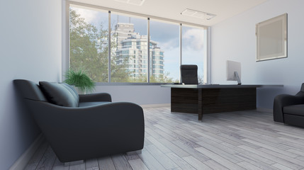 Head office with a large window. modern furniture.. 3D rendering. Empty paintings