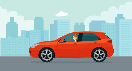 Hatchback car with a young woman driving on a background of abstract cityscape. Vector flat style illustration.