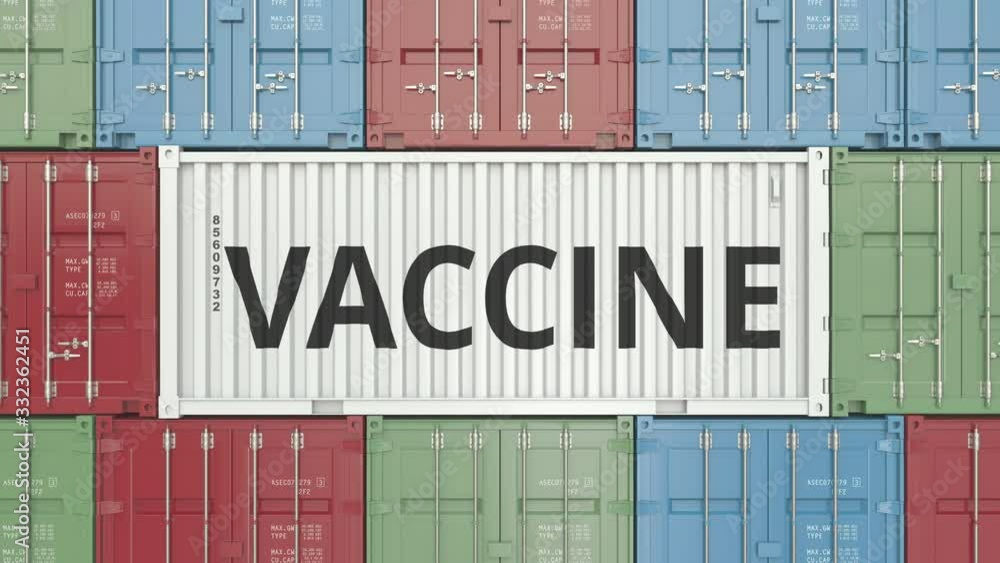 Poster container with a vaccine in container terminal, 3d animation