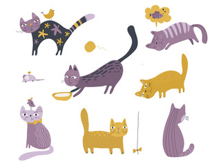 Vector collection of cute cats in simple flat style.