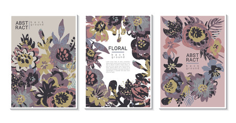 Vector collection of trendy creative cards with hand painted flowers, leaves and different textures