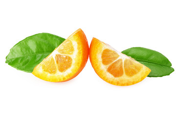 kumquat slices with green leaves isolated on white background